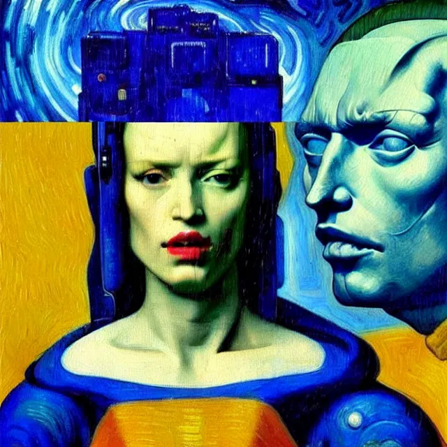 Prompt: a beautiful painting cyberpunk robot donald trump face, by kelly mckernan guido reni jan vermeer brief biography van gogh edvard munch dana irving lawren harris realistic oil painting