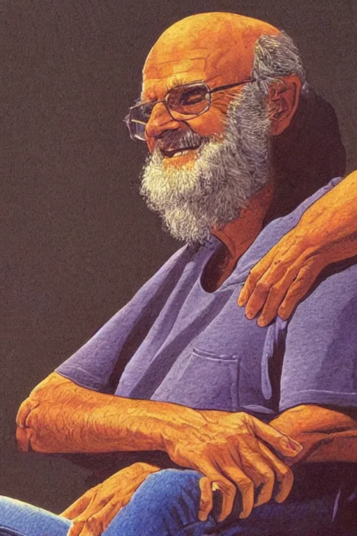 Prompt: an artistic jean giraud portrait of ram dass smiling sitting cross - legged on a pillow in front of a small audience