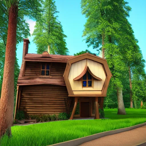 Prompt: funny house, 3d, rendering, realistic, forest, pixar and disney style