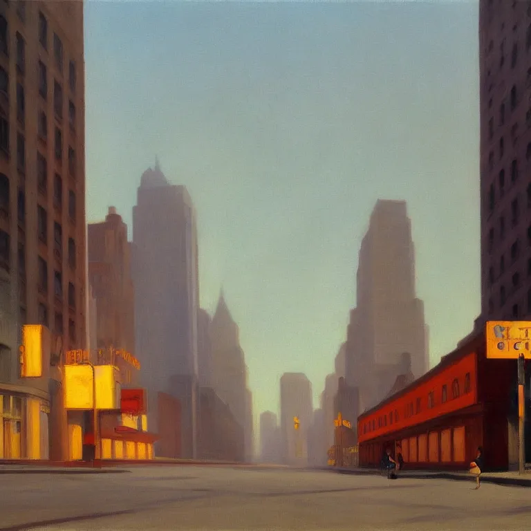 Image similar to city fog, early morning, painted by Edward Hopper, painted by Wayne Barlow, airbrush