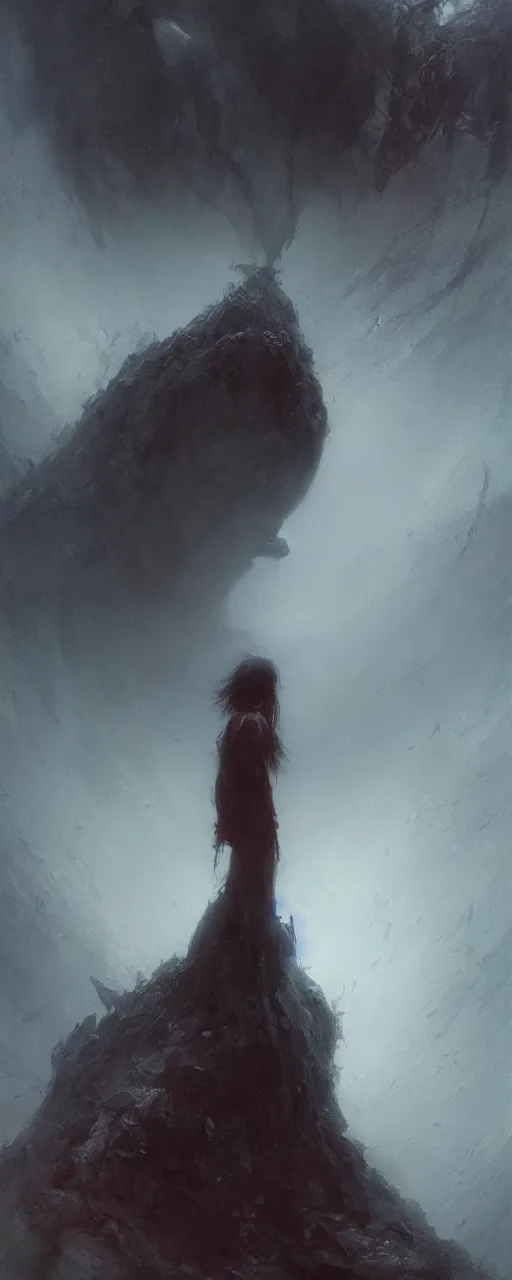 Image similar to she peers into the abyss and sees the abyss looking back at her, dramatic cinematic lighting, smooth, sharp details, intricate, sad and powerful painting by beksinski and ruan jia and greg rutkowski and android jones