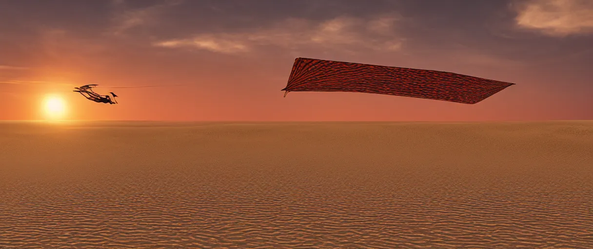 Image similar to an ornithopter on dune, sand worms in the background, light orange sunset, volumetric light, hdr, 8 k, bokeh designed by moebius kow yokoyama