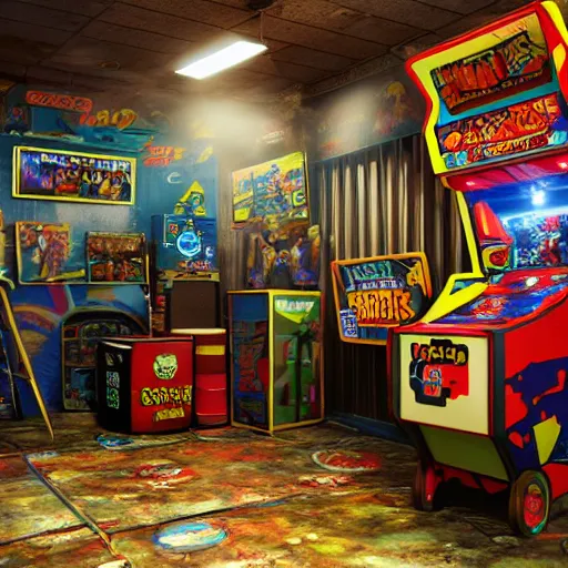 Prompt: large Mancave full of 80s toys games arcade games and wall posters Stuffy atmosphere, shadows, vintage, highly detailed, abandoned, octane render, blender, --width 768 4k