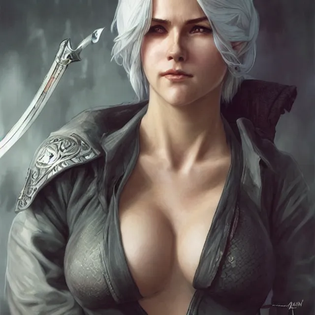 Prompt: cirilla as cosplayer at comic con, half - opened shirt!!, ultra realistic, pretty face, extremely detailed face!!, anatomically correct!!, symmetrical!!!, concept art, intricate details, highly detailed, photorealistic, octane render, 8 k, unreal engine. art by artgerm and greg rutkowski and alphonse mucha