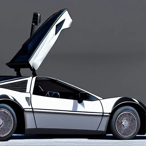 Image similar to a corvette c 8 that looks like a delorean time machine from back to the future, outside, on road, highly detailed, epic lighting, hyper photorealism, 8 k