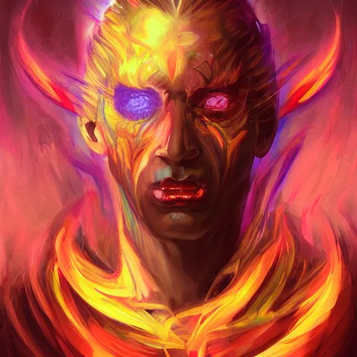 Image similar to self portrait of an ascended demon, colorful, sultry, artstation