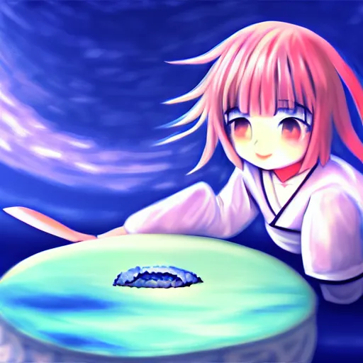 Prompt: cirno sitting on a giant sushi roll, digital art, 4K