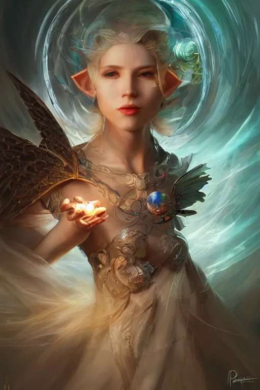 Image similar to portrait of a beautiful elf casting magic spell throwing magic crystal ball, angel, fantasy, dramatic lighting, highly detailed, digital painting, holding electricity, magic the gathering, hyper detailed, 3 d render, hyper realistic detailed portrait, peter mohrbacher, wlop, ruan jia