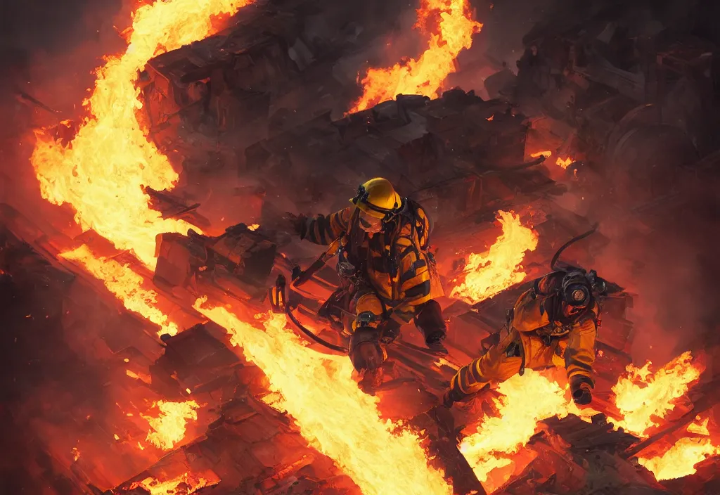 Image similar to one heroic firefighter in action in black and yellow uniform, fire flames, sharp details, sharp focus, realistic, highly detailed, illustration, by jordan grimmer and greg rutkowski and pine ( ハイネ ) and 薯 子 imoko and 香 川 悠 作 and wlop and maya takamura, intricate