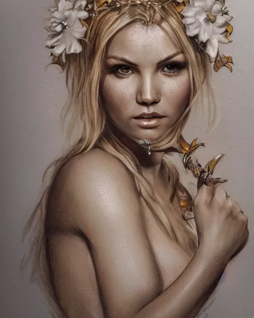 Image similar to realism tattoo sketch of elisha cuthbert as a beautiful greek goddess aphrodite with piercing eyes wearing a laurel wreath and triangle earrings, in the style of greg rutkowski, amazing detail