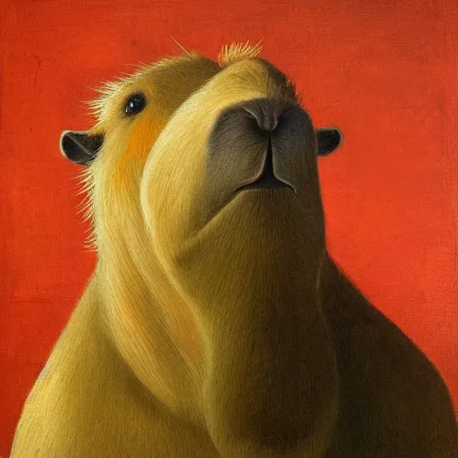 Image similar to gentleman capybara smoking, portrait, painting, vivid colours, Renaissance, detail, da vinci