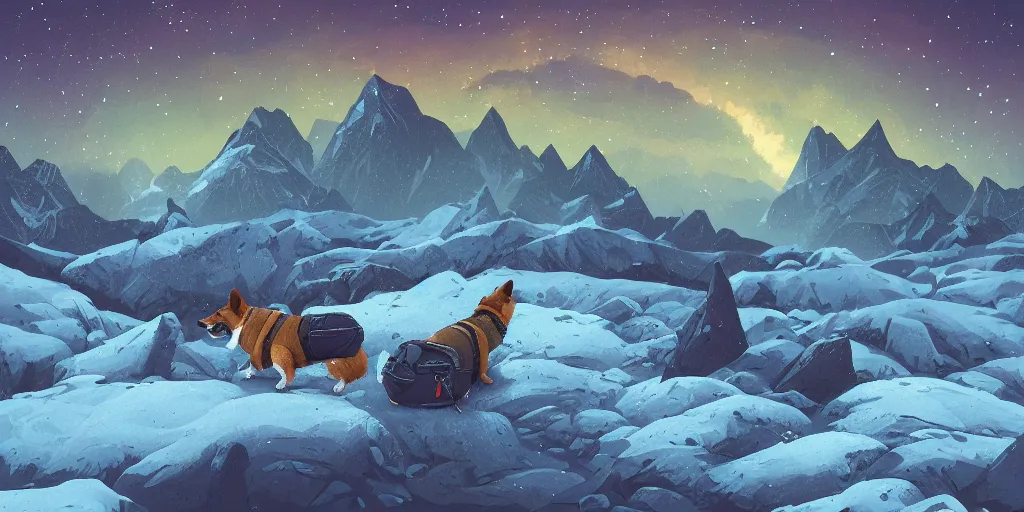 Image similar to A corgi hiking with a backpack in the mountains, stars filled sky, artstation, intricate, highly detailed, digital painting, sharp focus, illustration by Michael Whelan and Simon Stalenhag