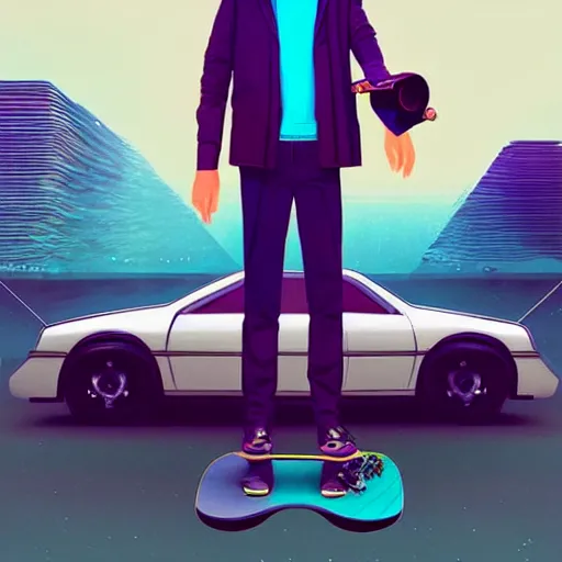 Prompt: a man holding a skateboard standing in front of a car, concept art by beeple, featured on cgsociety, retrofuturism, retrowave, synthwave, outrun