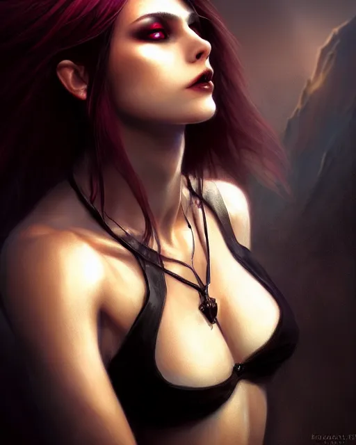 Prompt: female vampire, perfect face, black halter top, abs, cinematic, stunning, elegant, highly detailed, psychedelic, digital painting, artstation, smooth, hard focus, illustration, art by jessica rossier and and brian froud