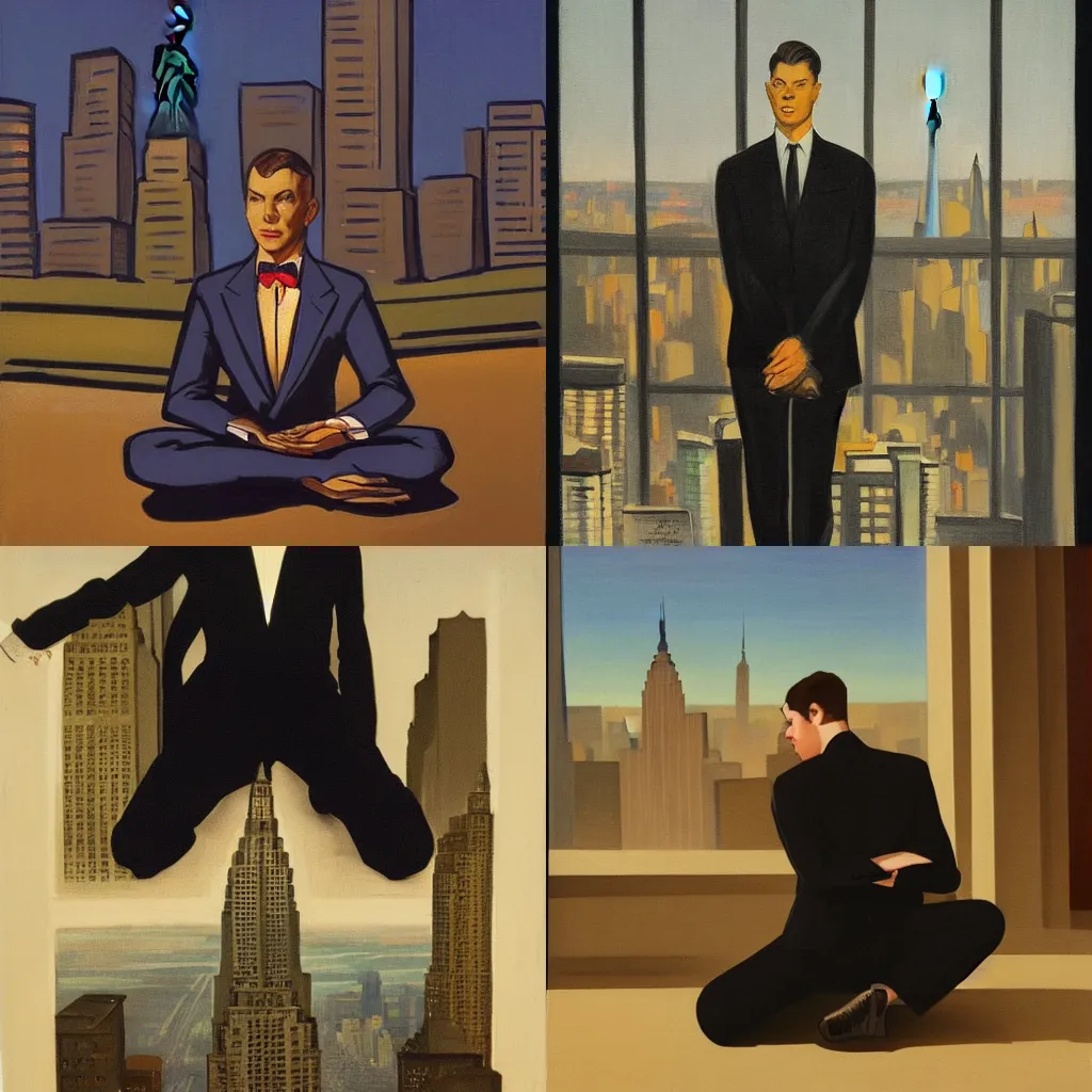 Prompt: man in black suit in meditation pose, new york buildings, city view landscape, leyendecker style