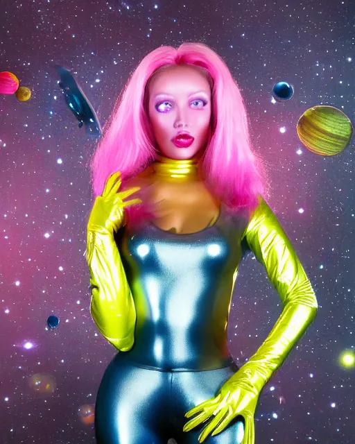 Prompt: Glossy color nikon photograph of beautiful sexy voluptuous seductive lady alien extraterrestrial with large iridescent faceted bug eyes, standing in front of a glowing spacecraft, blue feathered antennae coming out of her head, dark grey and yellow mottled skin, sexy skintight pink and silver spacesuit with bare midriff, standing in front of a spacecraft near a lake, scifi, futuristic, realistic, cinematic lighting, hyperdetailed, concept art, award winning art by Mort Kunstler and Robert Maguire