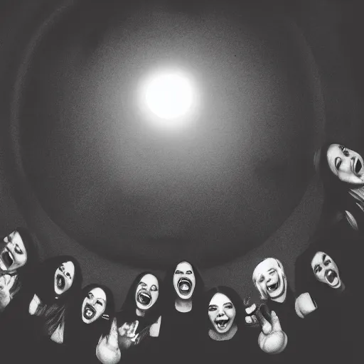 Image similar to a coven of witches, laughing and eagerly making fun of the camera!!!!!, fisheye!!!!! lens photography, lens distortion, chromatic aberration!!!!!, cgsociety contest winner, best on artstation, photorealistic photography, grim lighting, foreboding atmosphere, dark, nighttime, 4 k, 8 k