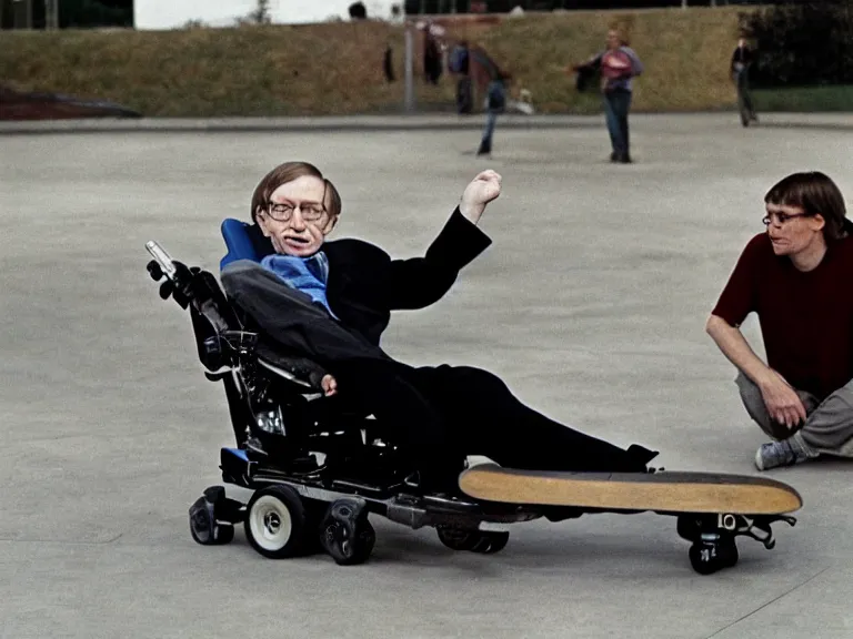 Image similar to a color photo of Stephen hawking in a Skatepark