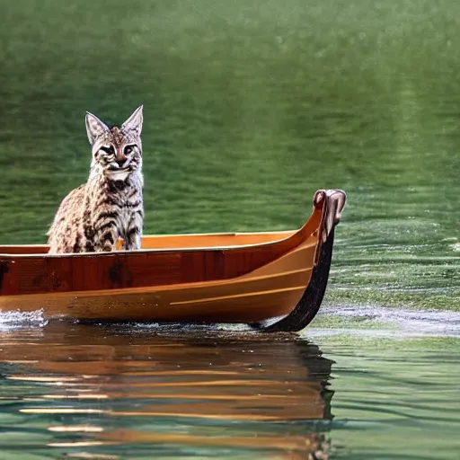 Prompt: a bobcat in a rowboat wears a baggie hat and has its hand on its hip, the boat is half full of water but the bobcat seems at ease