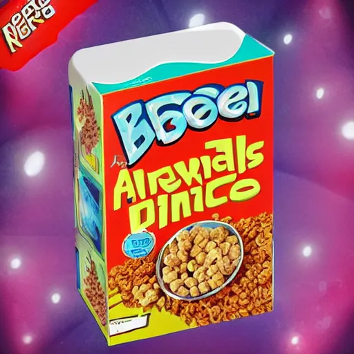 Image similar to A cereal box from a alternate alien dimension, product photo