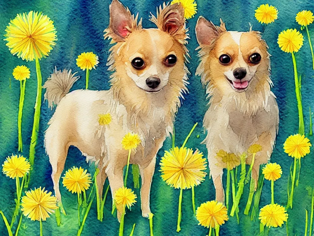 Image similar to watercolor dandelions and Chihuahua in the sun