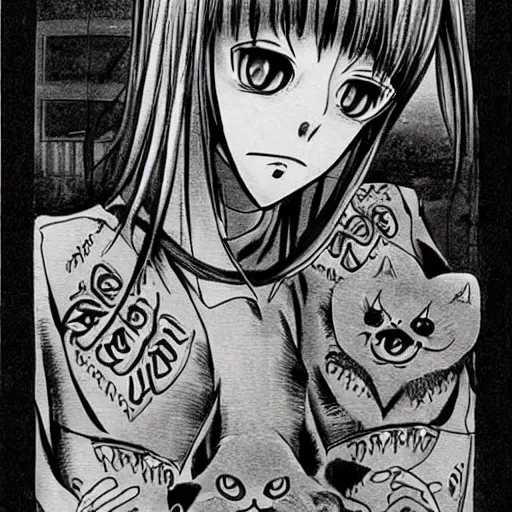 Prompt: a manga cat, anime, drawn by Junji Ito