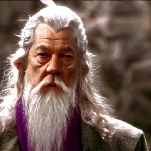 Image similar to gandalf with a pink bowtie on his head, movie still from Lord of the Rings