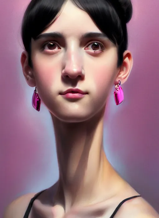 Image similar to portrait of teenage girl, realistic, black hair, bangs, half updo hairstyle, pointy nose, skinny, smile, ugly, defined jawline, big chin, pink hair bow, earrings, intricate, elegant, glowing lights, highly detailed, digital painting, artstation, sharp focus, illustration, art by wlop, mars ravelo and greg rutkowski