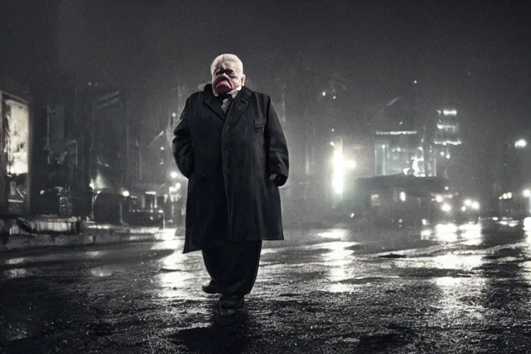 Prompt: a still of edgar savisaar, starring as a drunk man, dystopian, cinematic lighting, nighttime, rain