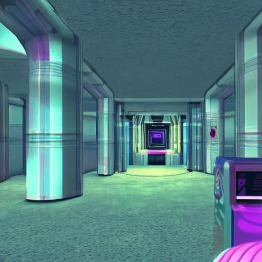 Image similar to noisy color photograph of a retrofuturist liminal space, wonderland, vertical, minimalist, cinematic, soft vintage glow, PS2 in-game screenshot