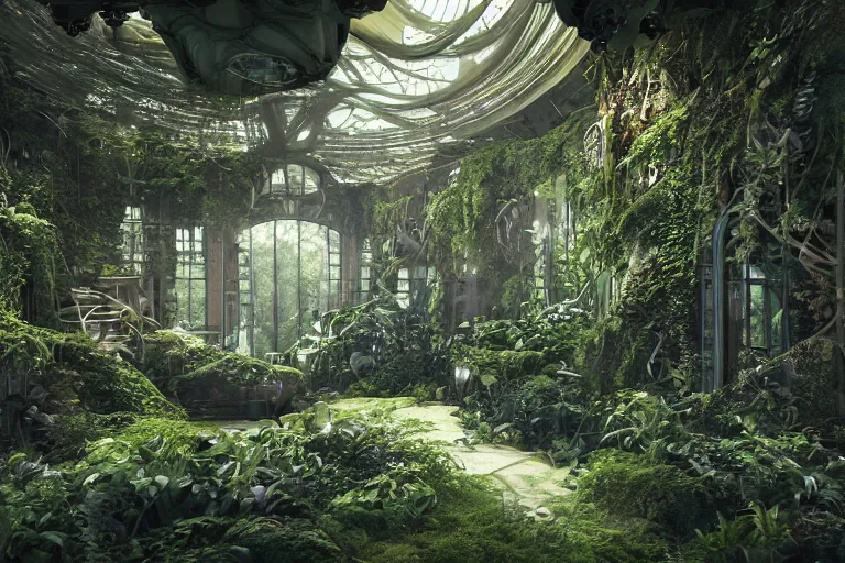 Image similar to inside a spaceship living quarters overgrown with plant life and ivy, artgerm, yoshitaka amano, gothic interior, 8 k, octane render, unreal engine