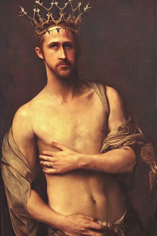 Prompt: Gorgeous full-body renaissance portrait of Ryan Gosling as a king of fantasy kingdom with Crown of thorns on his head, Perfect face, front view, gold, artstation, very beautiful, luxurious, impressive, soft light, dazzling, divine, elegant, by Valentin de Boulogne and Giovanni Battista Piazzetta