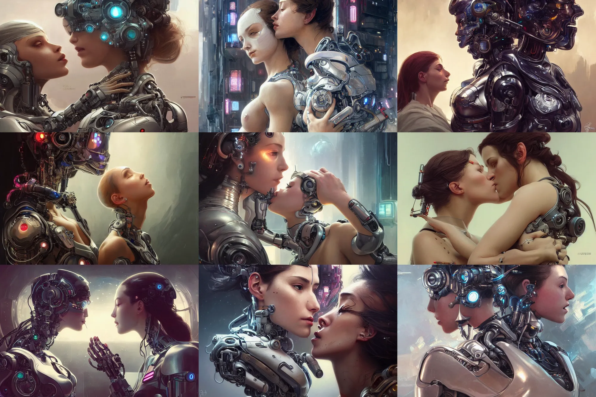 Prompt: Ultra realistic illustration, woman, cyborg and robot kissing each other, cyberpunk, sci-fi, fantasy, intricate, elegant, highly detailed, digital painting, artstation, concept art, smooth, sharp focus, illustration, art by artgerm and greg rutkowski and alphonse mucha