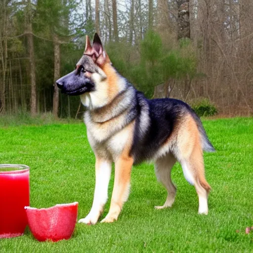 Image similar to german shepard husky mix drinking a bowl of red koolaid