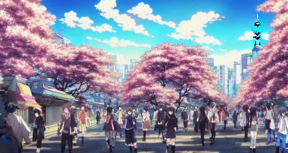 Prompt: anime style cityscape, spring season city, cherry blossoms blowing in the wind, day time, sun high in the sky, sun glare, clear weather, blue sky, tokyo japan, some people walking, people are detailed, high detail and sharp, detailed shading, trending on artstation, wallpaper, anime art style, kyoto animation productions, koyoharu gotouge