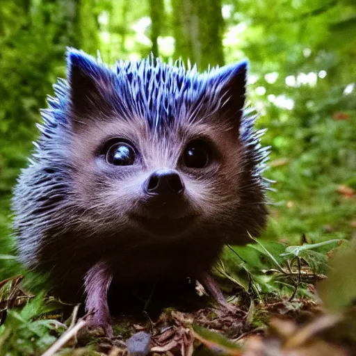 Prompt: sonic the hedgehog trail cam footage in the woods at night. face is near camera