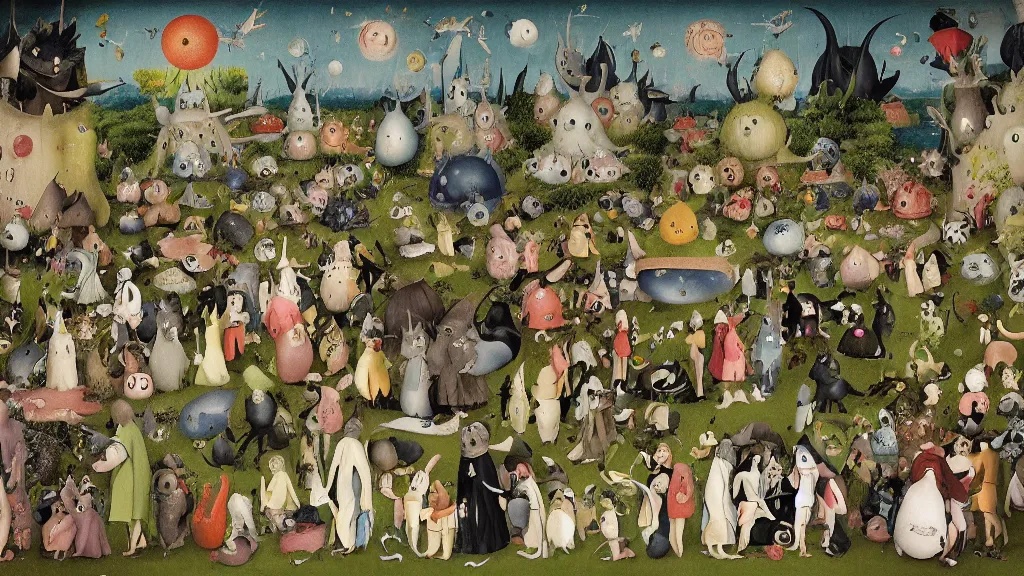 Image similar to garden of earthly delights by studio ghibli. totoro. digital painting. digital render. hieronymus bosch