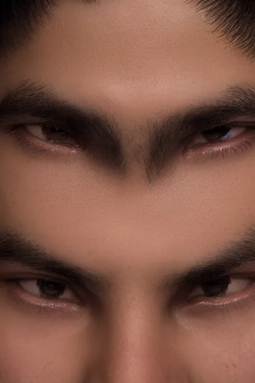 Prompt: close up headshot of an androgynous Hispanic teen male with medium length slightly wavy black hair a wide smile brown eyes a small nose tidy plucked eyebrows dark brown eyes and a diamond shaped face, high resolution film still, 8k, HDR color, gazing dark brown eyes, high cheek bones, trimmed eyebrows