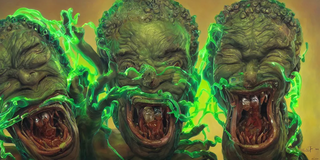 Image similar to clear oil painting of two greek medusas gorgons laughing holding goblets with a glowing green liquid. by frank frazzeta. trending on artstation.