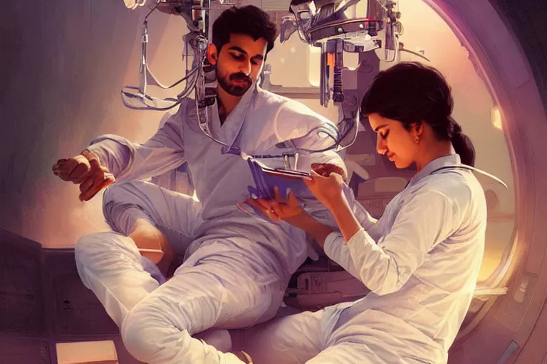 Image similar to Sensual good looking pale young Indian doctors wearing jeans asleep in a space station above Earth performing surgery, portrait, elegant, intricate, digital painting, artstation, concept art, smooth, sharp focus, illustration, art by artgerm and greg rutkowski and alphonse mucha