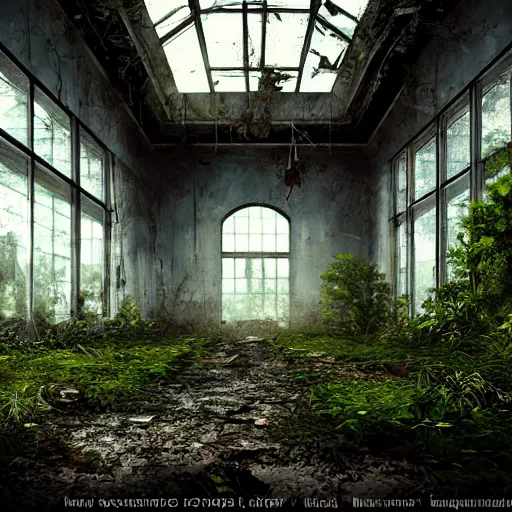 Prompt: abandoned high school overtaken by plants and nature and rot, artstation, high quality, detailed, eerie atmosphere