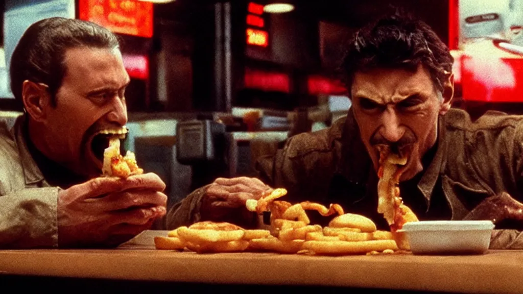 Prompt: the strange creature eats a cheeseburger at the fast food place, film still from the professional commercial directed by denis villeneuve and david cronenberg with art direction by salvador dali and zdzisław beksinski, wide lens