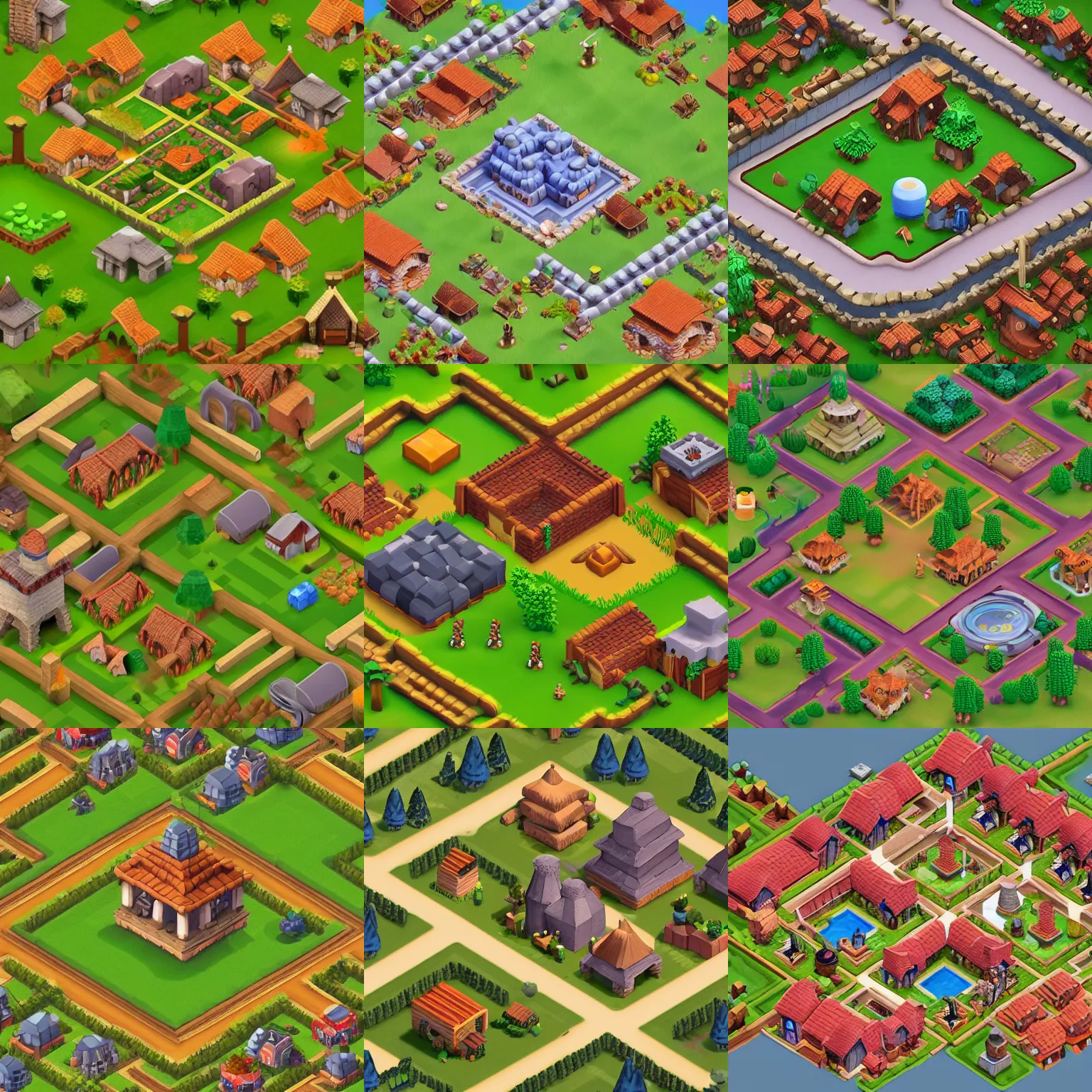 Prompt: isometric view of village in the middle of the forest, clash of clans style