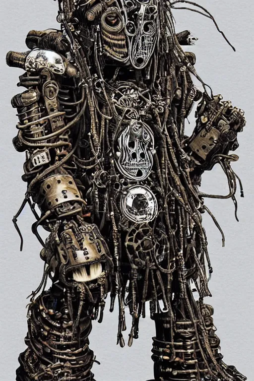 Image similar to wild monstorous anthropomorphic biomechanical bear shaman-warrior wearing chains made of tiny human skulls and other voodoo artifacts. Wearing dreadlocks made of cables and wires. Upgraded with hightech cyberwares. huge, big, giant bear human hybrid, mecha animal, tall, detailed woodcut armor, terrifying and dangerous, scary, beautiful, steampunk monster android hybrid art portrait, matte scifi fantasy painting, half robot half bear. DeviantArt Artstation, by Jason Felix by Steve Argyle by Tyler Jacobson by Peter Mohrbacher, cinematic lighting