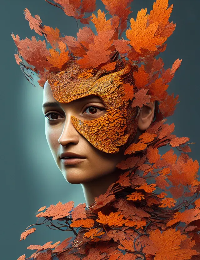 Image similar to 3 d goddess close - up profile portrait of alicia vikander wearing a beautiful intricately detailed japanese autumn fox mask, fall leaves, phoenix, dried plants, wind, creature, artwork by tooth wu and wlop and beeple and greg rutkowski