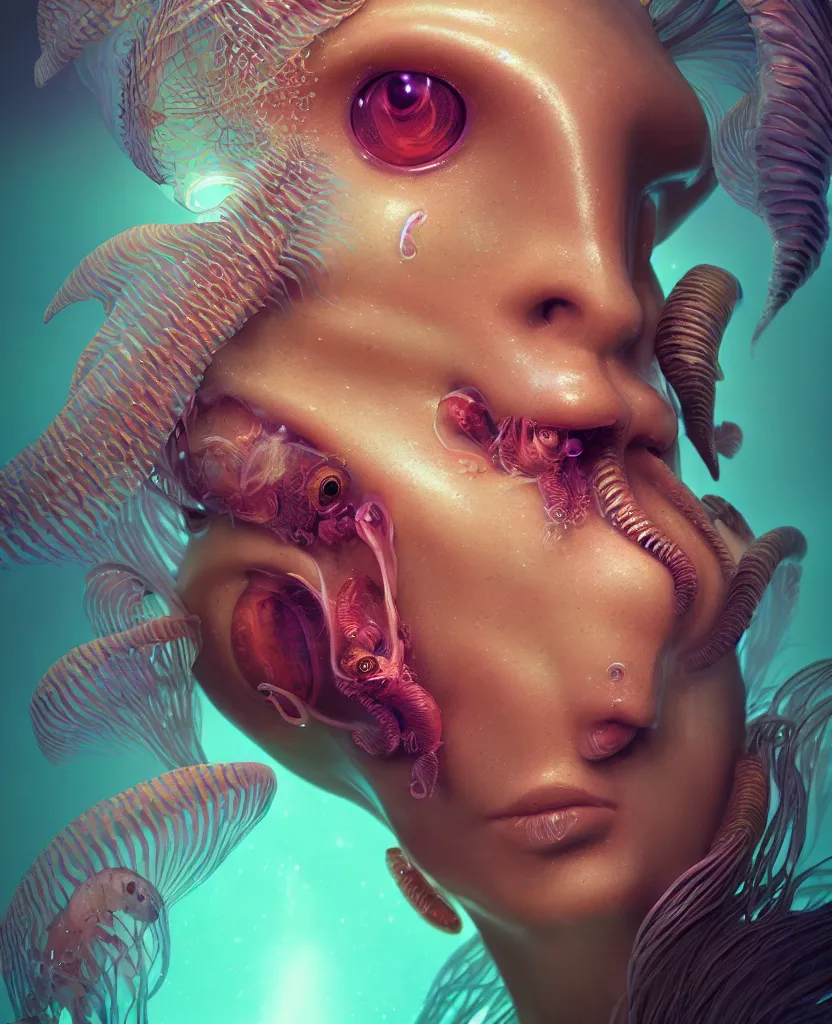 Image similar to goddess close-up face portrait. chimera orchid jellyfish phoenix head, nautilus, skull, betta fish, bioluminiscent creatures, intricate artwork by Tooth Wu and wlop and beeple. octane render, trending on artstation, greg rutkowski very coherent symmetrical artwork. cinematic, hyper realism, high detail, octane render, 8k