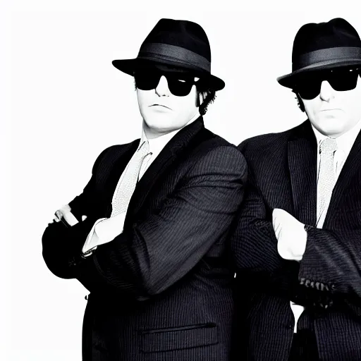 Image similar to blues brothers walking towards camera with white background. wearing suits. strong shadows. high contrast. serious look. carrying a pistol