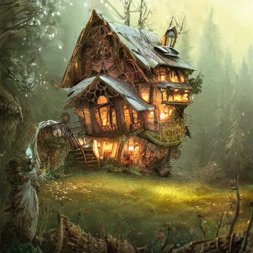 Image similar to a storybook illustration of a ramshackle multistory fairytale hut in the forest, intricate, elegant, atop chicken legs, in forest, fantasy, highly detailed, digital painting, concept art, sharp focus, trending on artstation