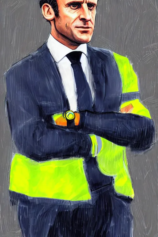 Image similar to emmanuel macron wearing a hivis police uniform, highly detailed, digital art, sharp focus, trending on art station