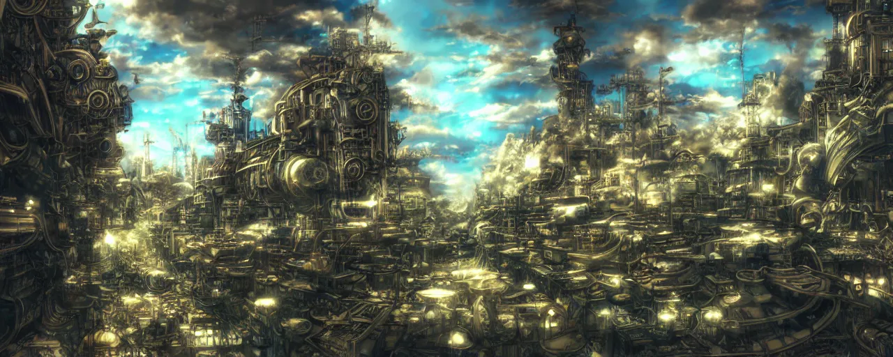 Image similar to steampunk anime landscape, beautiful, artstation trending, deviantart, highly detailed, focus, smooth, by hirohiko araki, yoshitaka amano